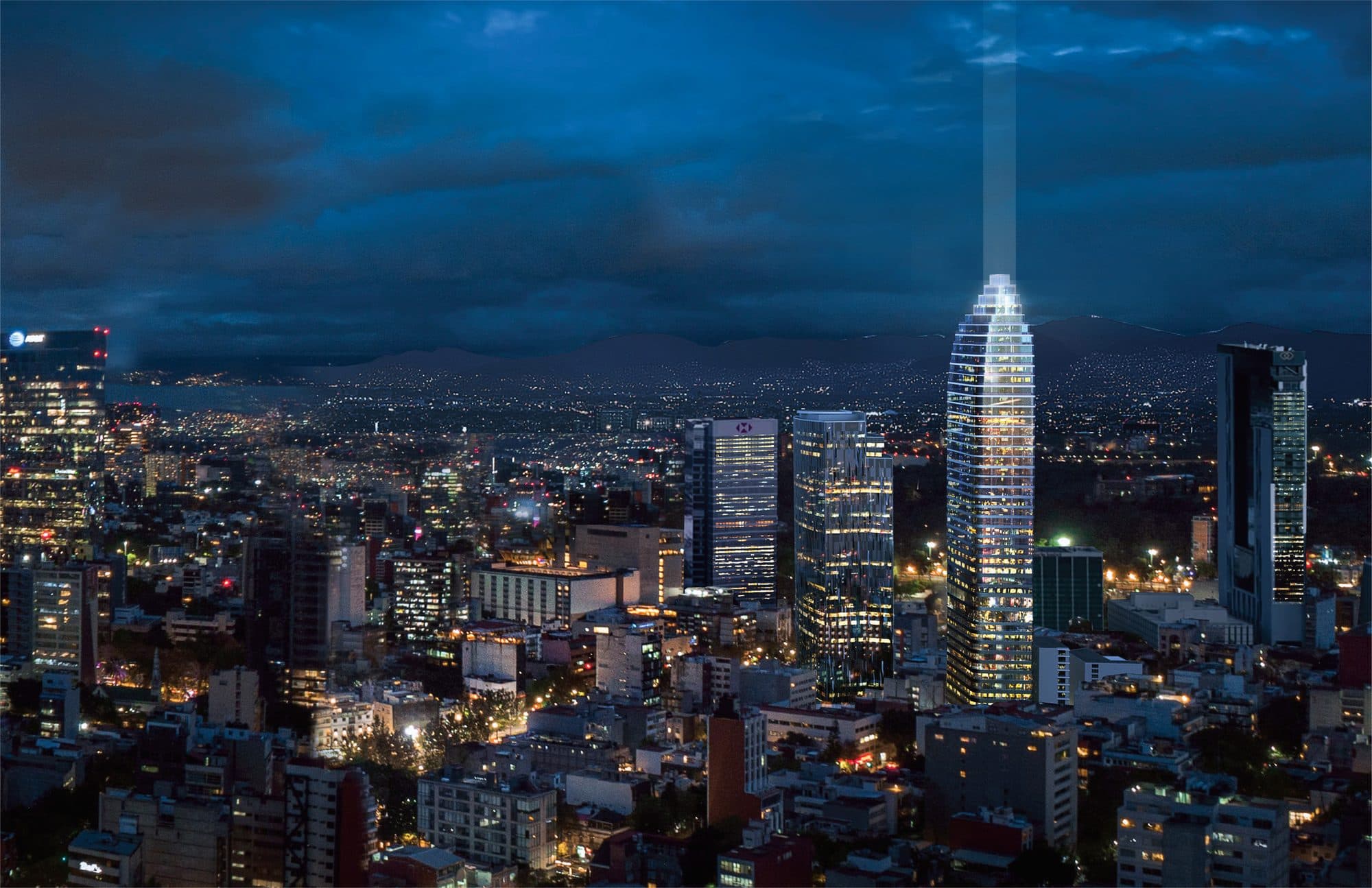 Thompson Residences Mexico City — illuminated tower at night above the Reforma skyline